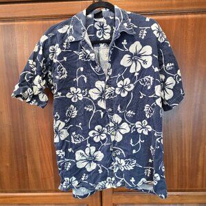 RIPZONE Blue with white flower pattern cotton button down short sleeve